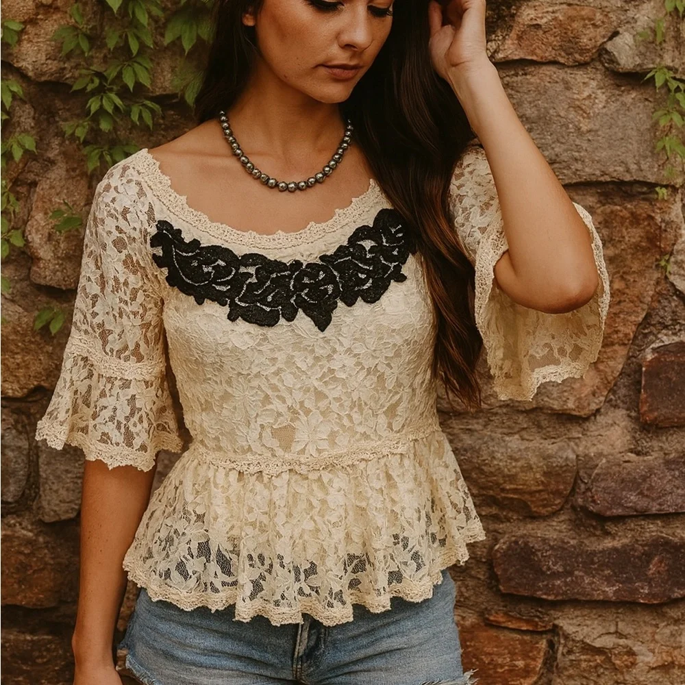 FREE PEOPLE Cottagecore Cream Peplum Blouse with Black Lace Ruffles, M
